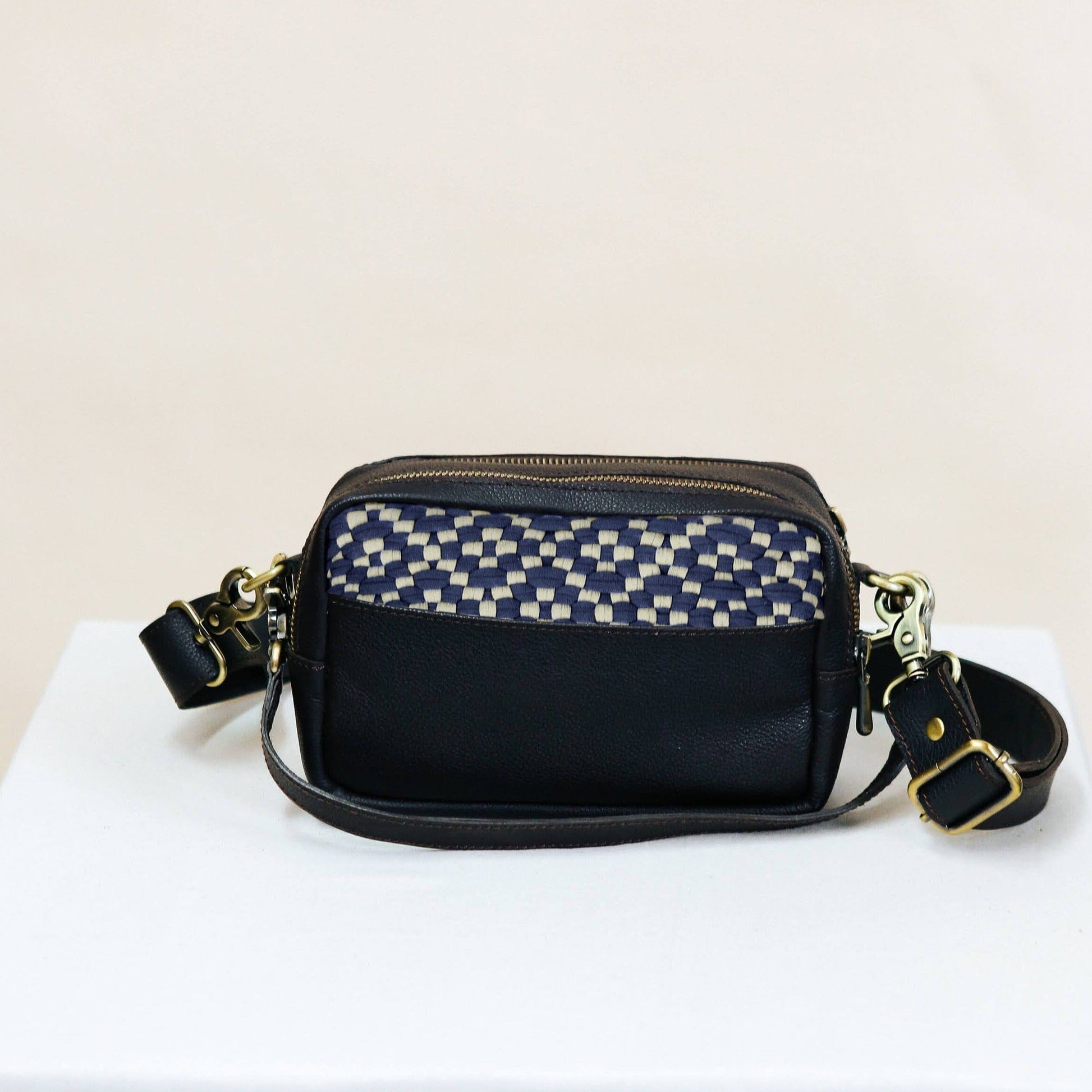 Bento Diamond Navy & Beige with Dark Brown Leather Fashion Rags2Riches