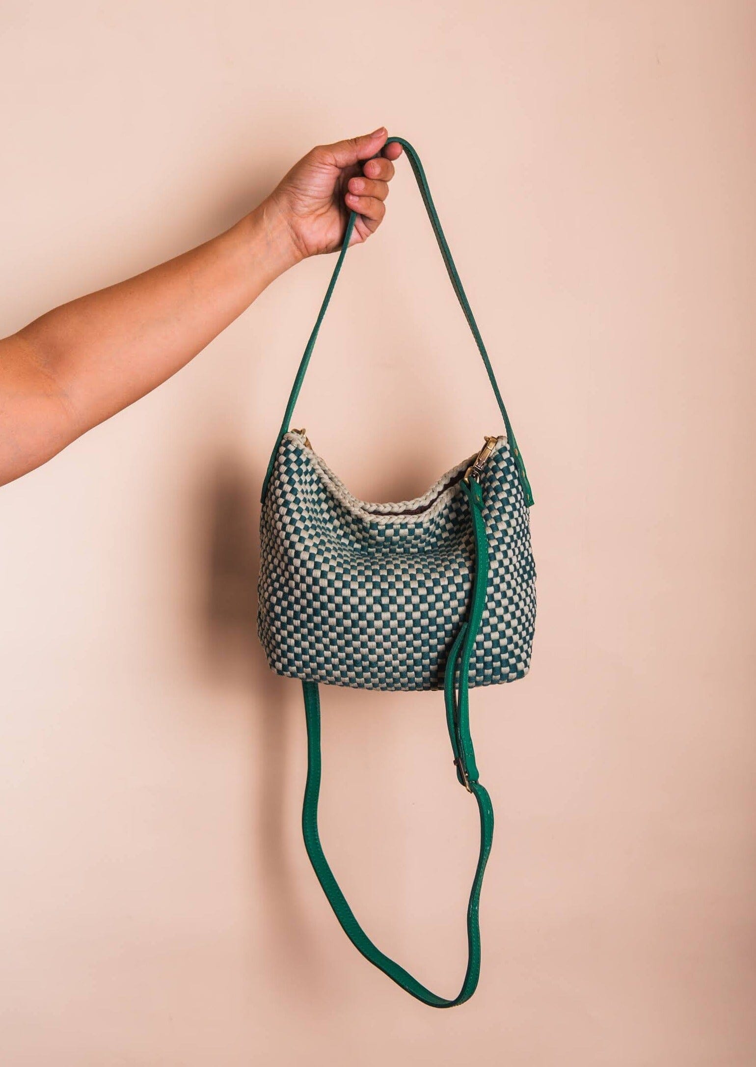 Buslo Micro Checkerboard Emerald & Sage with Longer Handles Fashion Rags2Riches