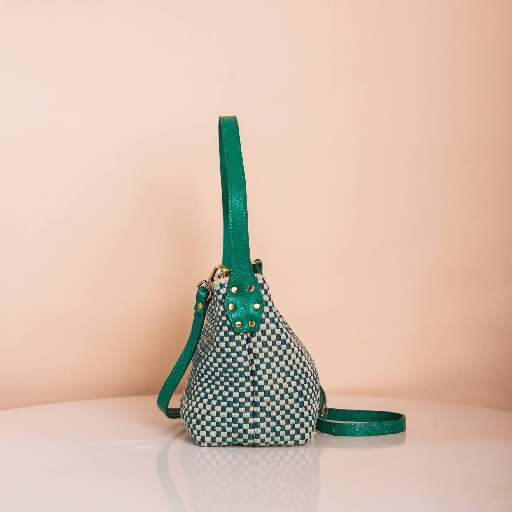 Buslo Micro Checkerboard Emerald & Sage with Longer Handles Fashion Rags2Riches