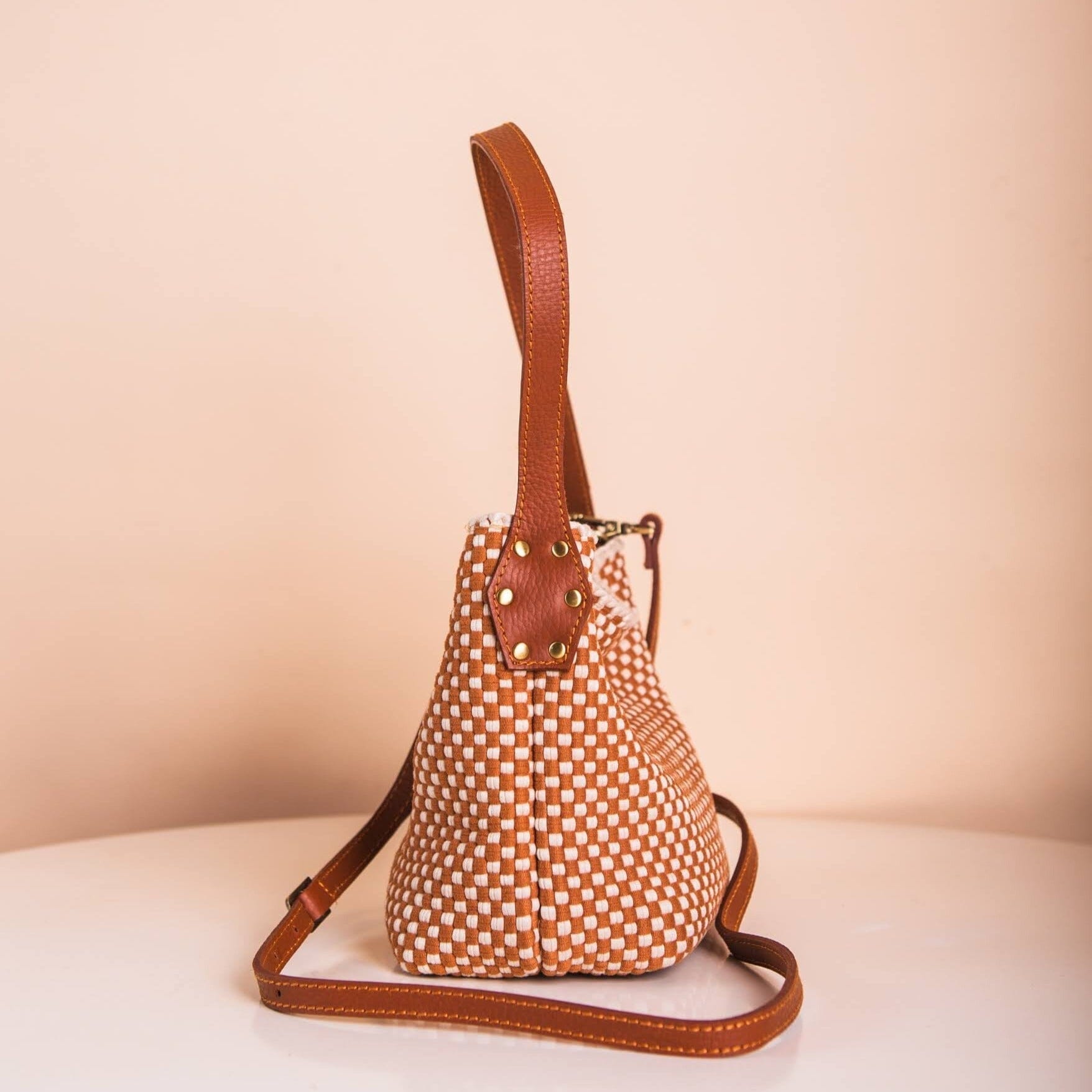 Buslo Micro Checkerboard Tan & Beige with Longer Handles Fashion Rags2Riches