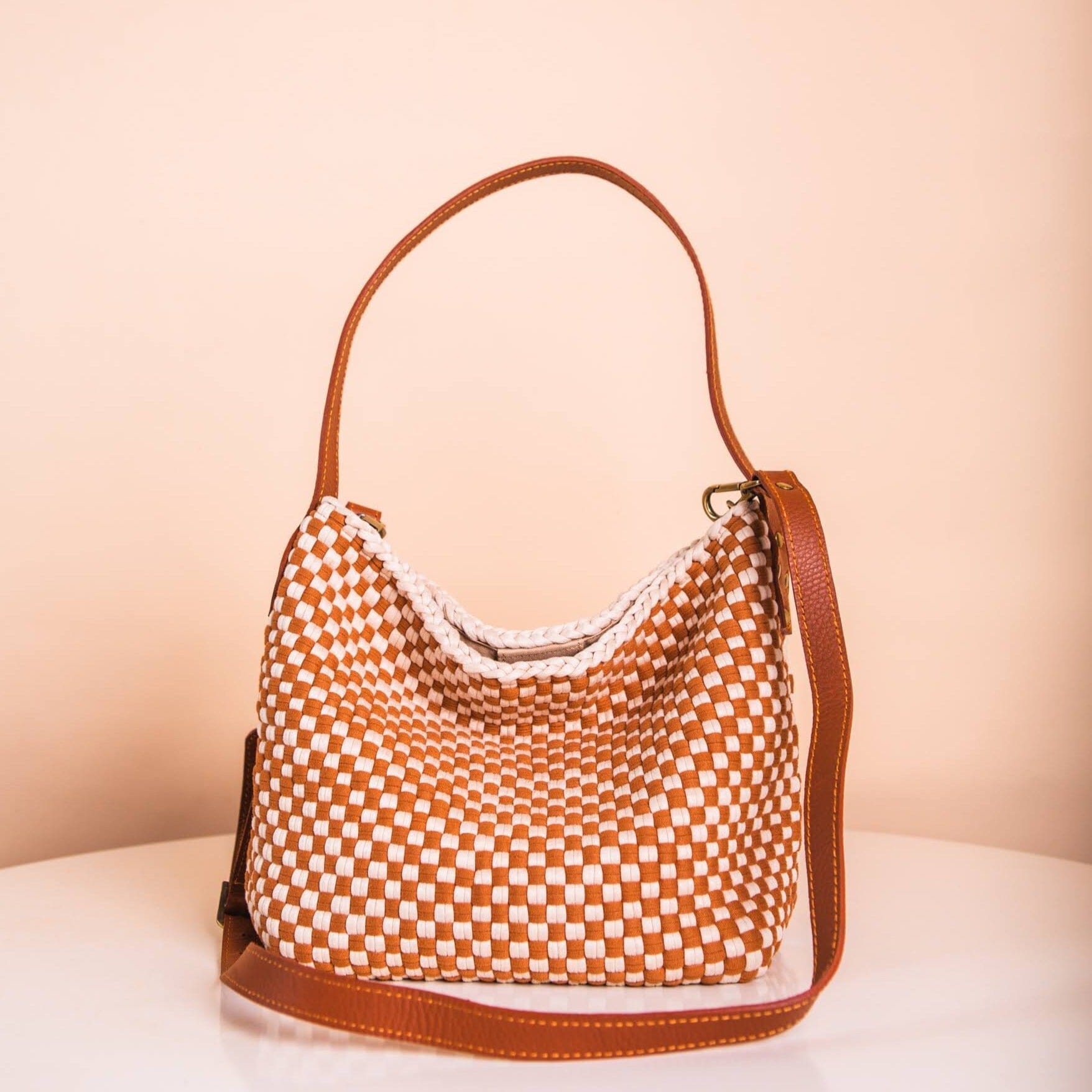 Buslo Mini Checkerboard Tan & Beige with Longer Handle Fashion Rags2Riches