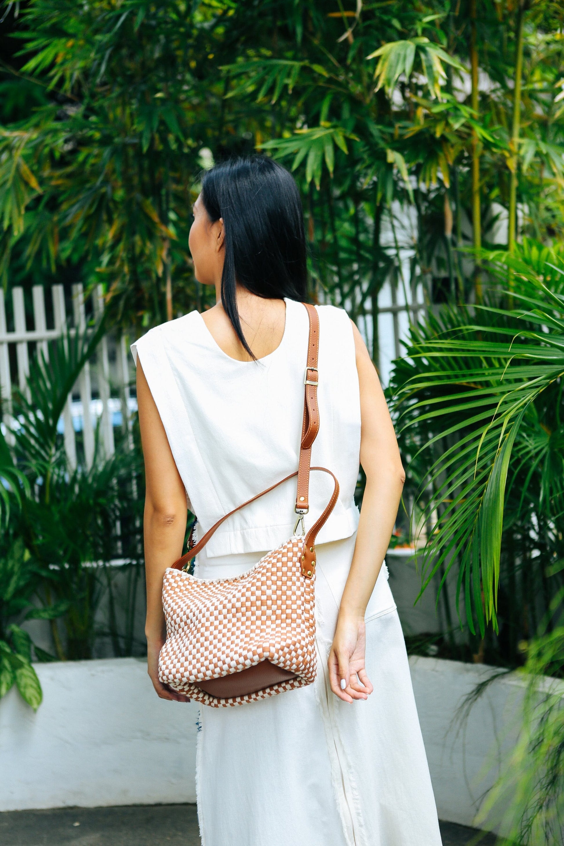 Buslo Mini Checkerboard Tan & Beige with Longer Handle Fashion Rags2Riches