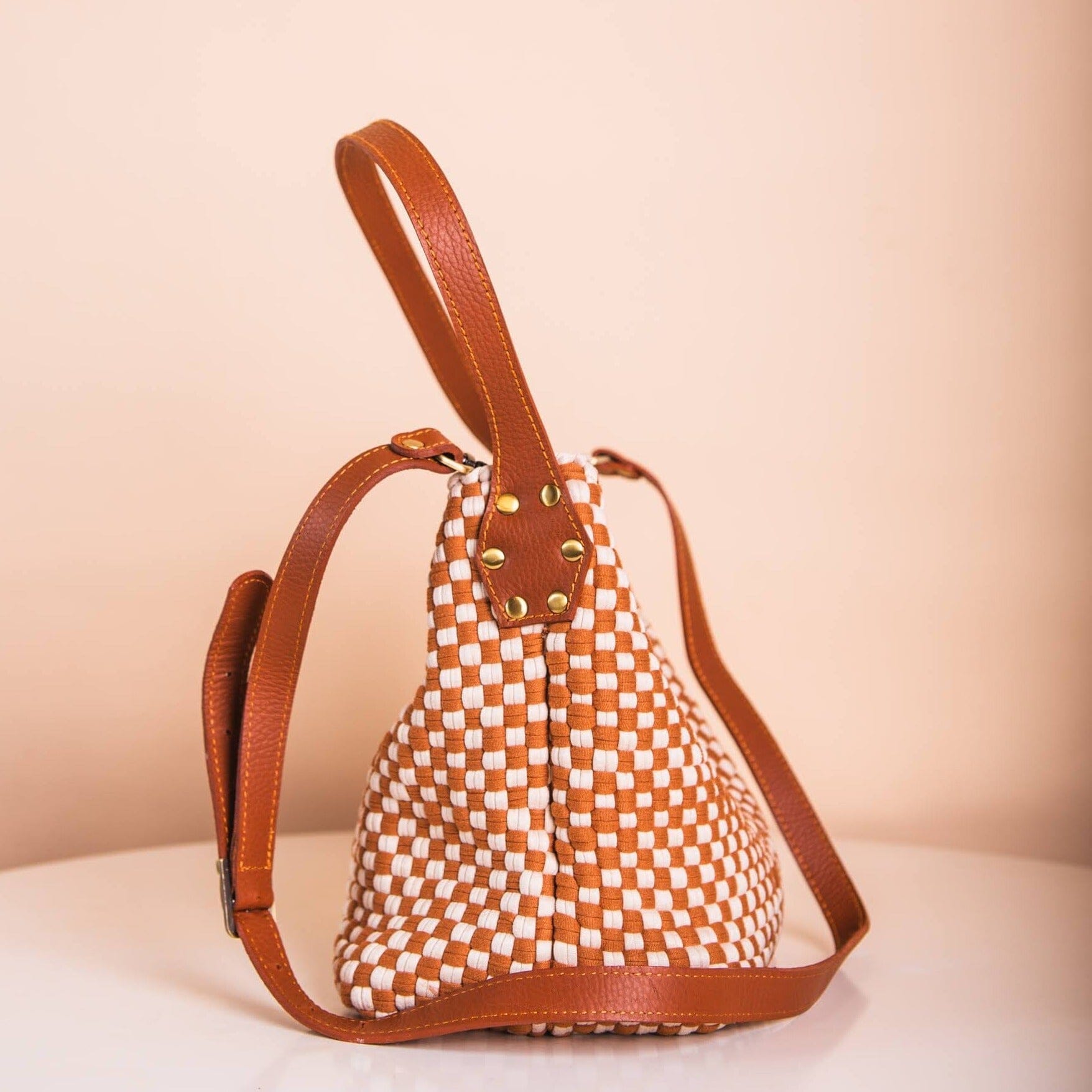 Buslo Mini Checkerboard Tan & Beige with Longer Handle Fashion Rags2Riches