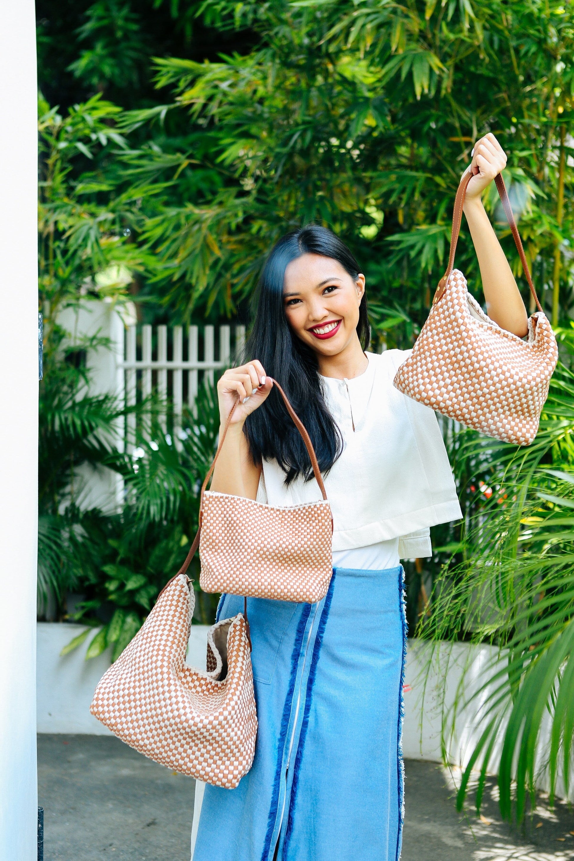 Buslo Mini Checkerboard Tan & Beige with Longer Handle Fashion Rags2Riches