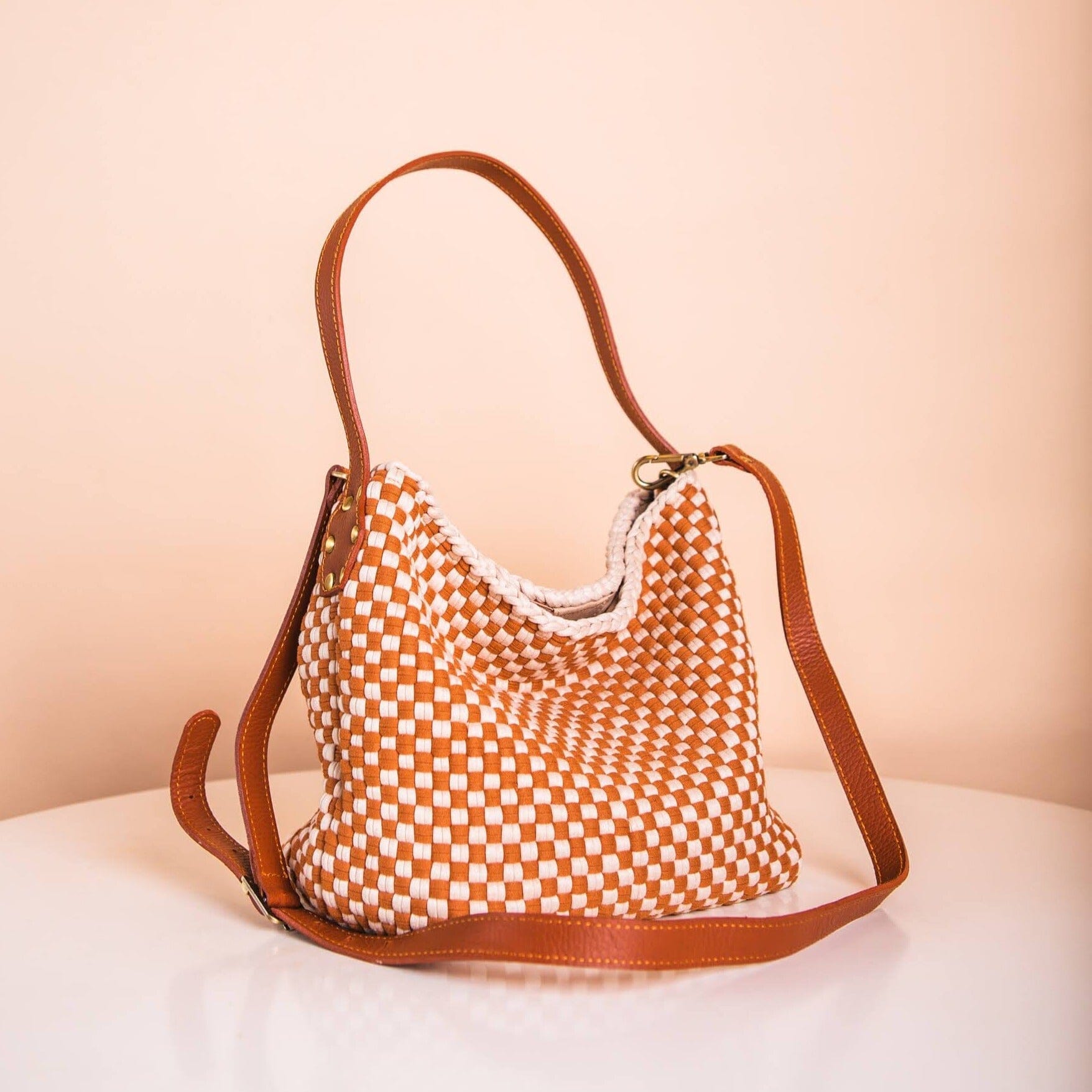 Buslo Mini Checkerboard Tan & Beige with Longer Handle Fashion Rags2Riches