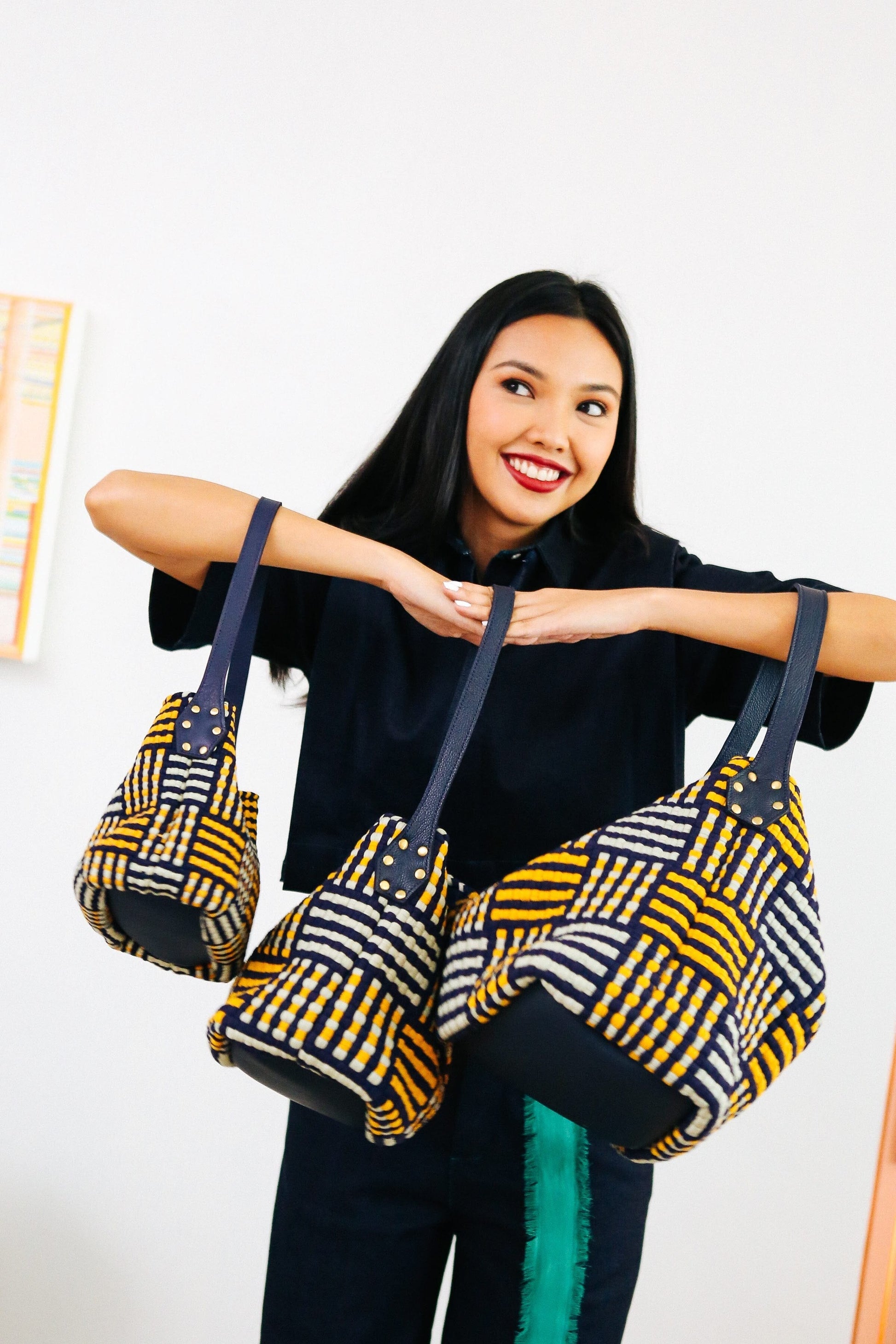 Buslo Mini Mat Pattern Navy & Yellow with Longer Handle Fashion Rags2Riches