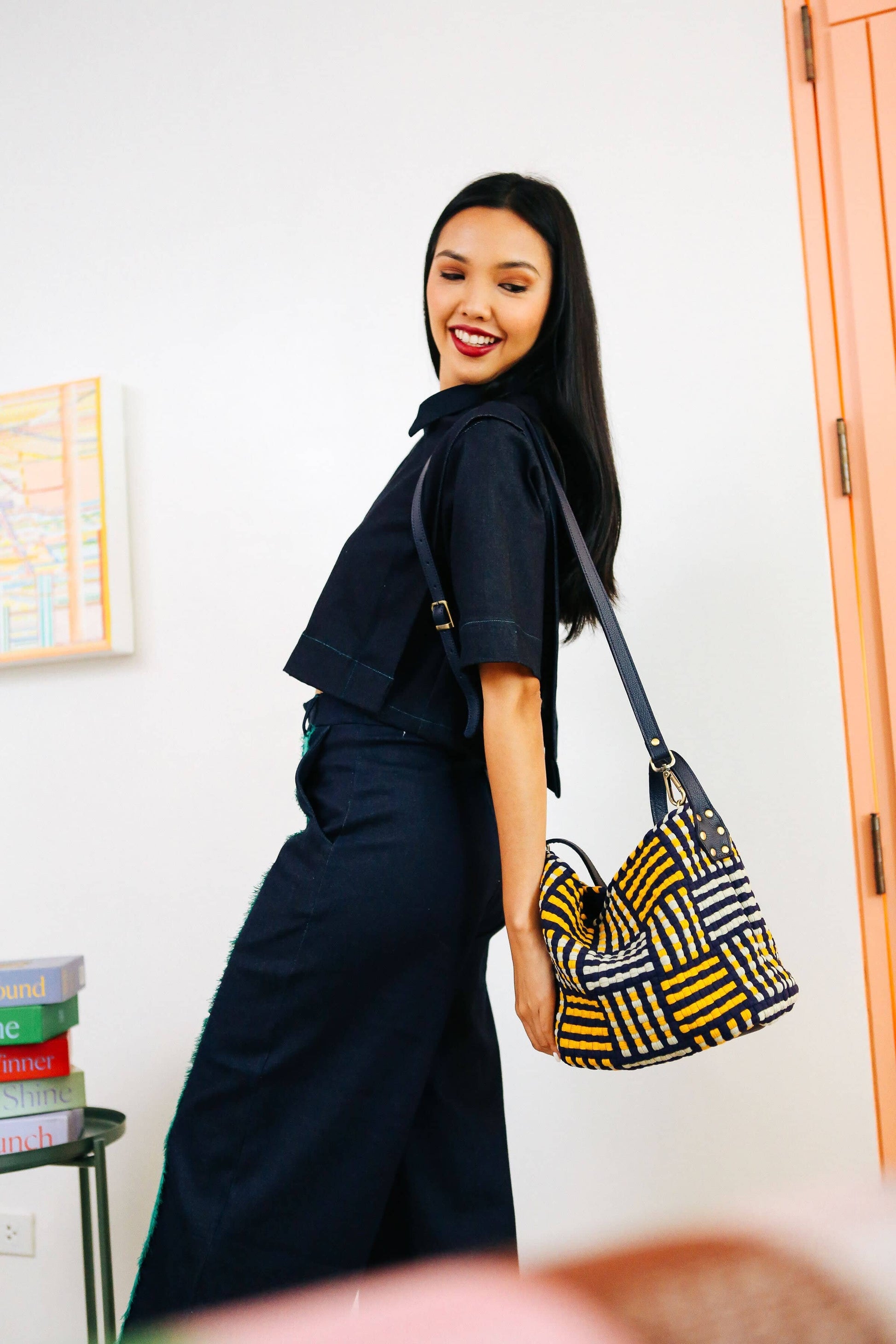 Buslo Mini Mat Pattern Navy & Yellow with Longer Handle Fashion Rags2Riches