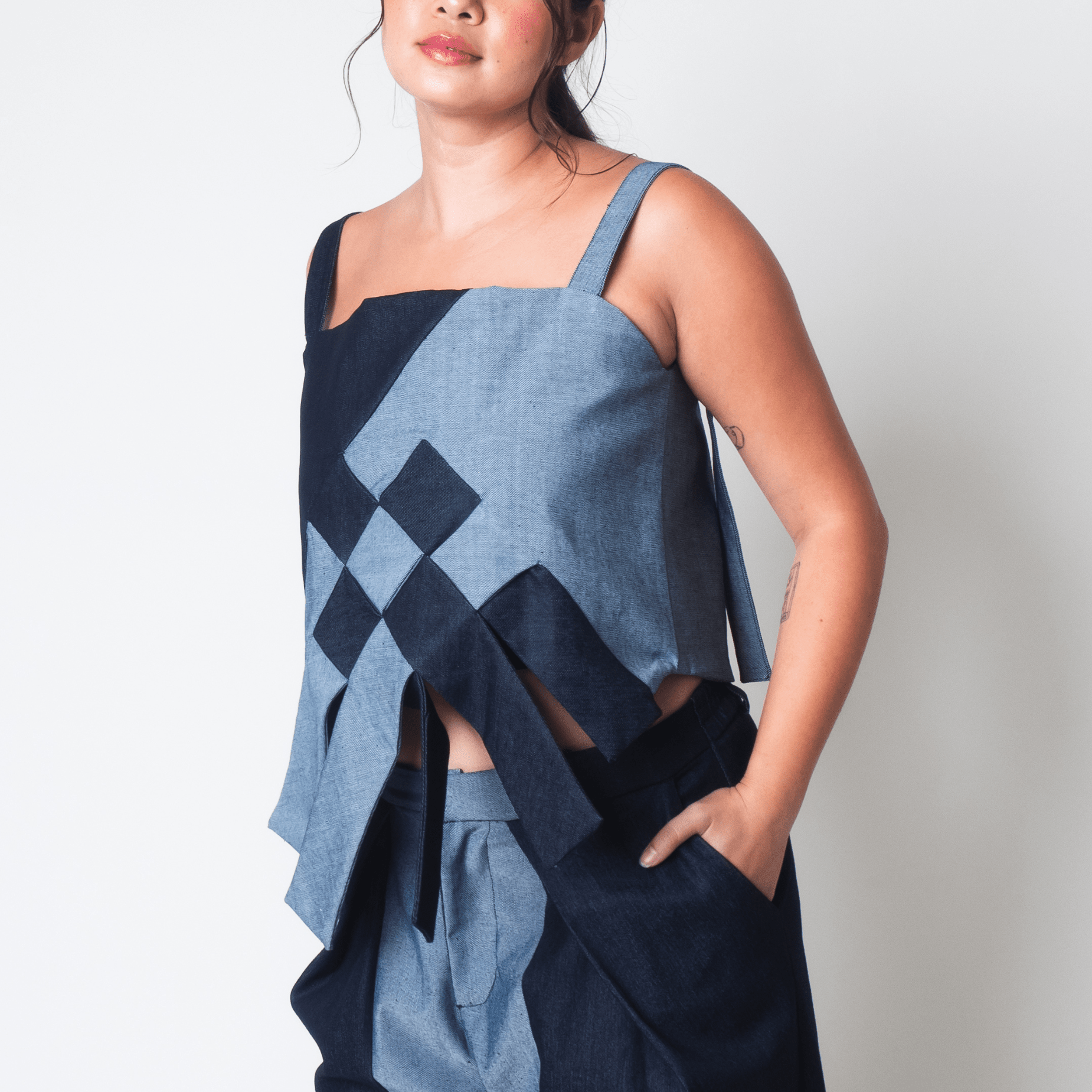 [Ready Today] Big Weave Top Two-Tone Denim Fashion R2R On Repeat