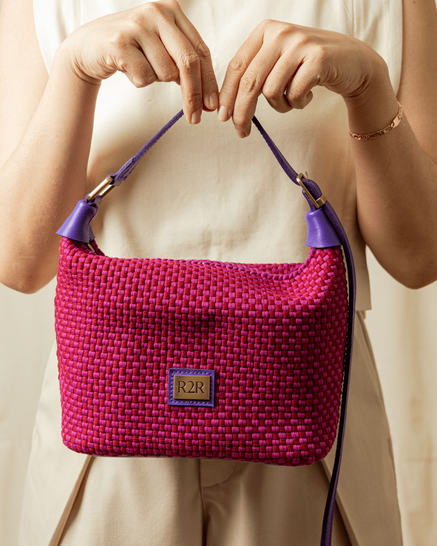 [Ready Today] Scoop Bag Checkerboard Red & Fuchsia with Purple Leather Fashion Rags2Riches