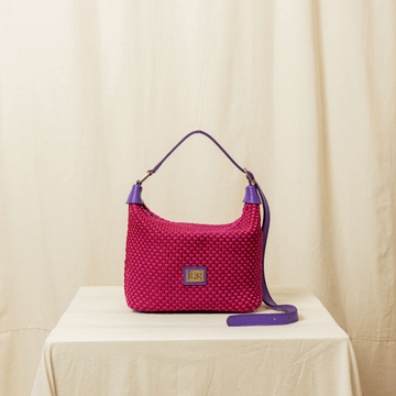 [Ready Today] Scoop Bag Checkerboard Red & Fuchsia with Purple Leather