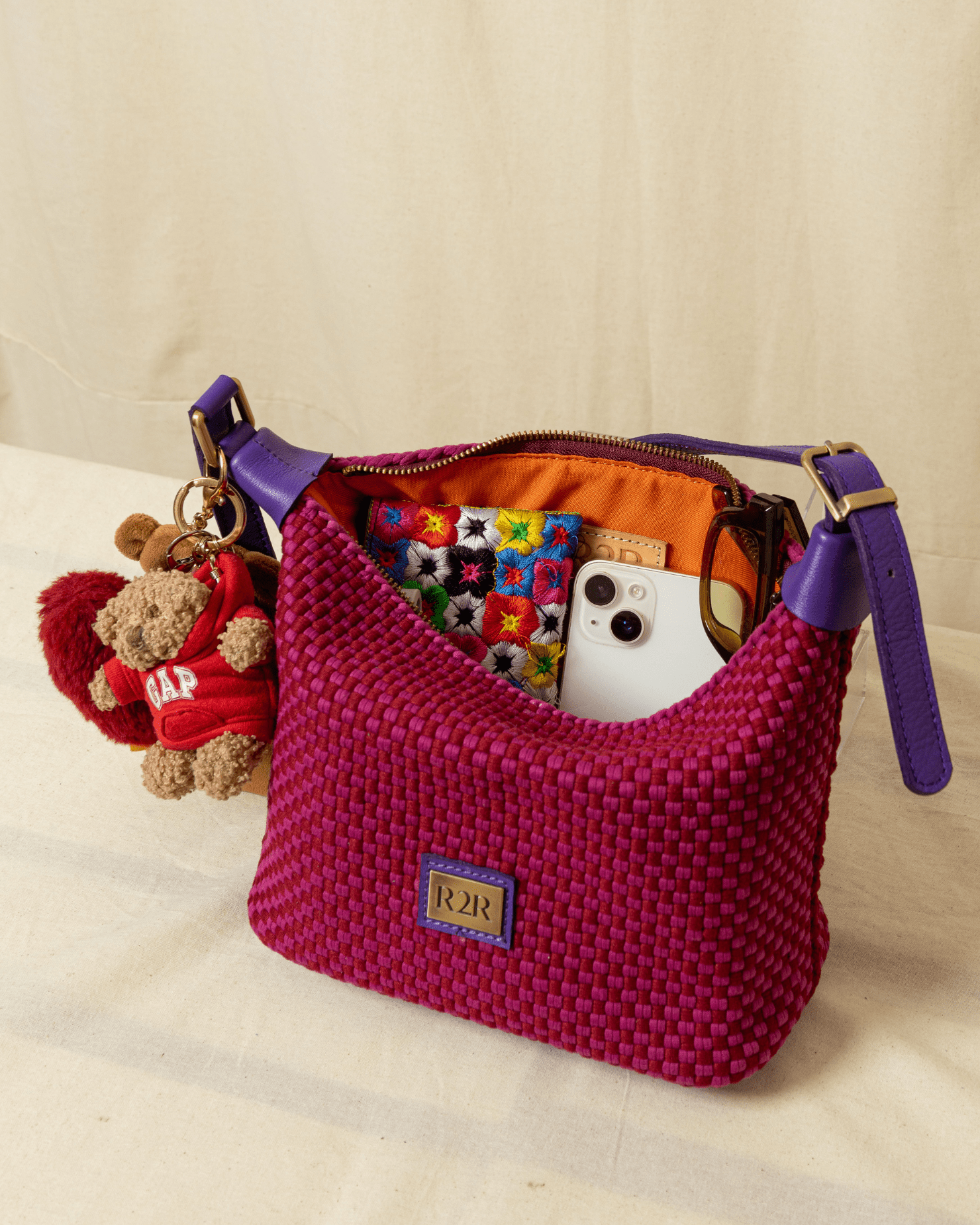 [Ready Today] Scoop Bag Checkerboard Red & Fuchsia with Purple Leather Fashion Rags2Riches