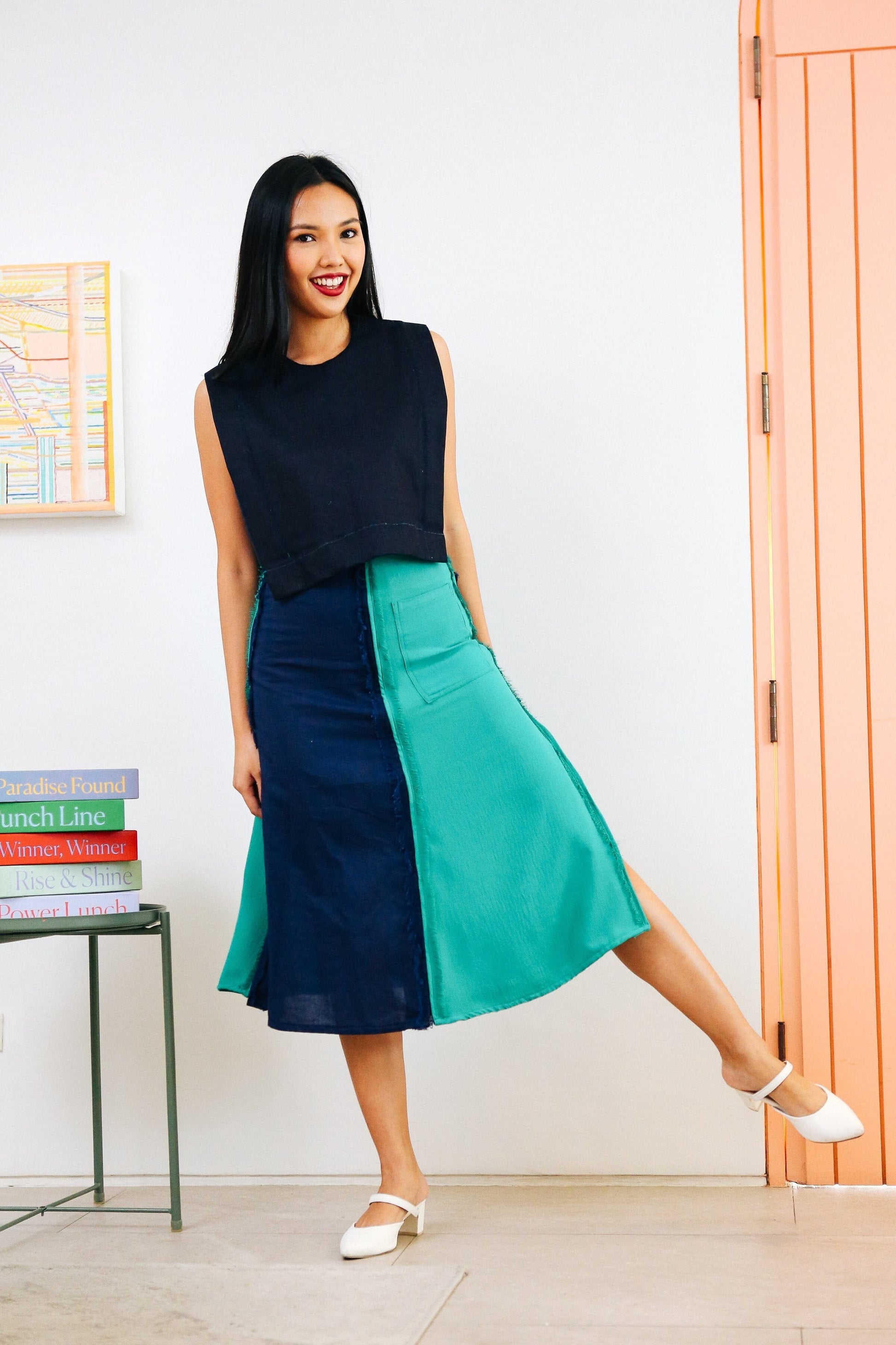 4-Way A-Line Skirt Navy & Teal Fashion Rags2Riches