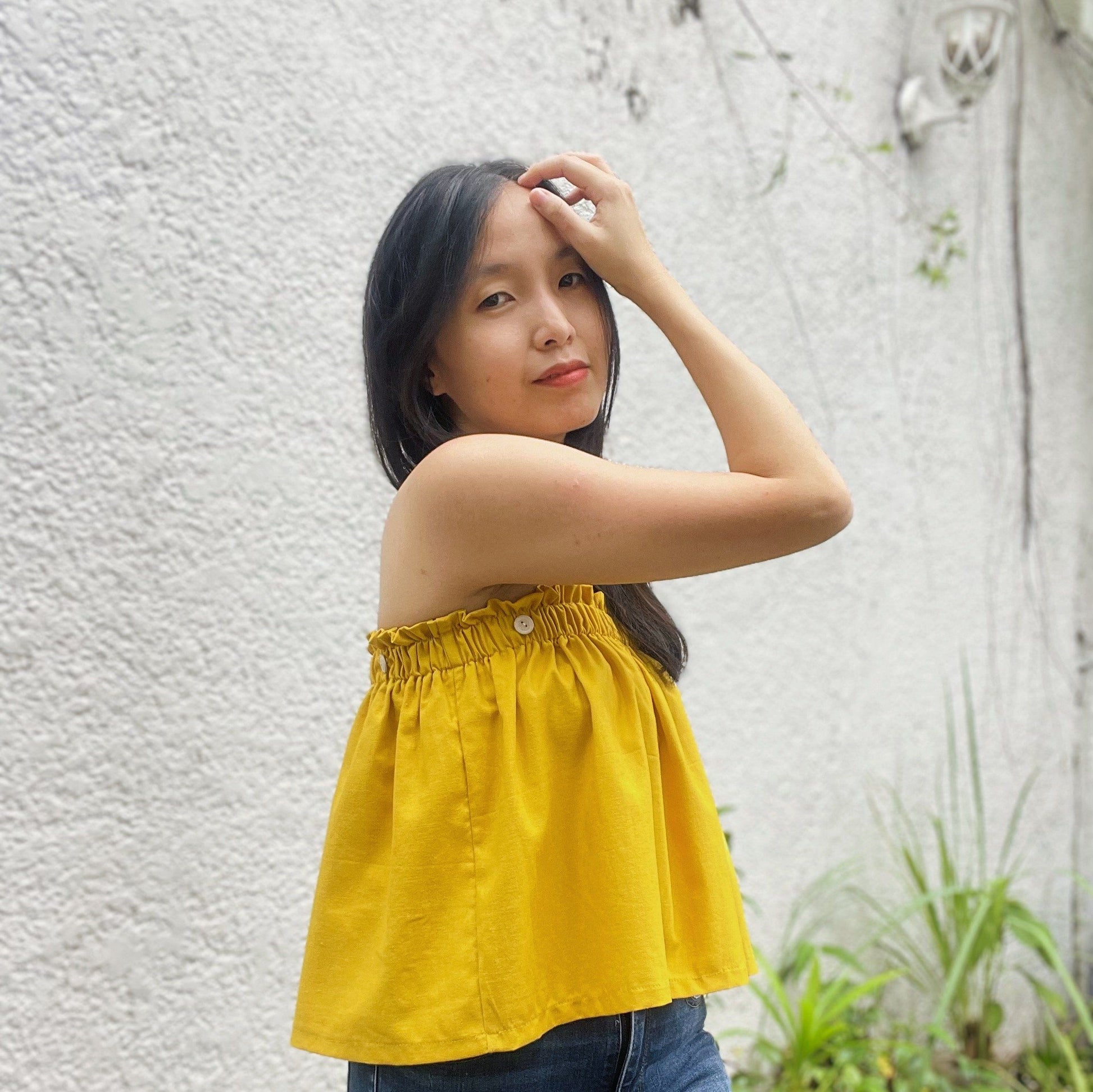 On-Off Shoulder Top Mustard in Pinilian Diamond Fashion Rags2Riches