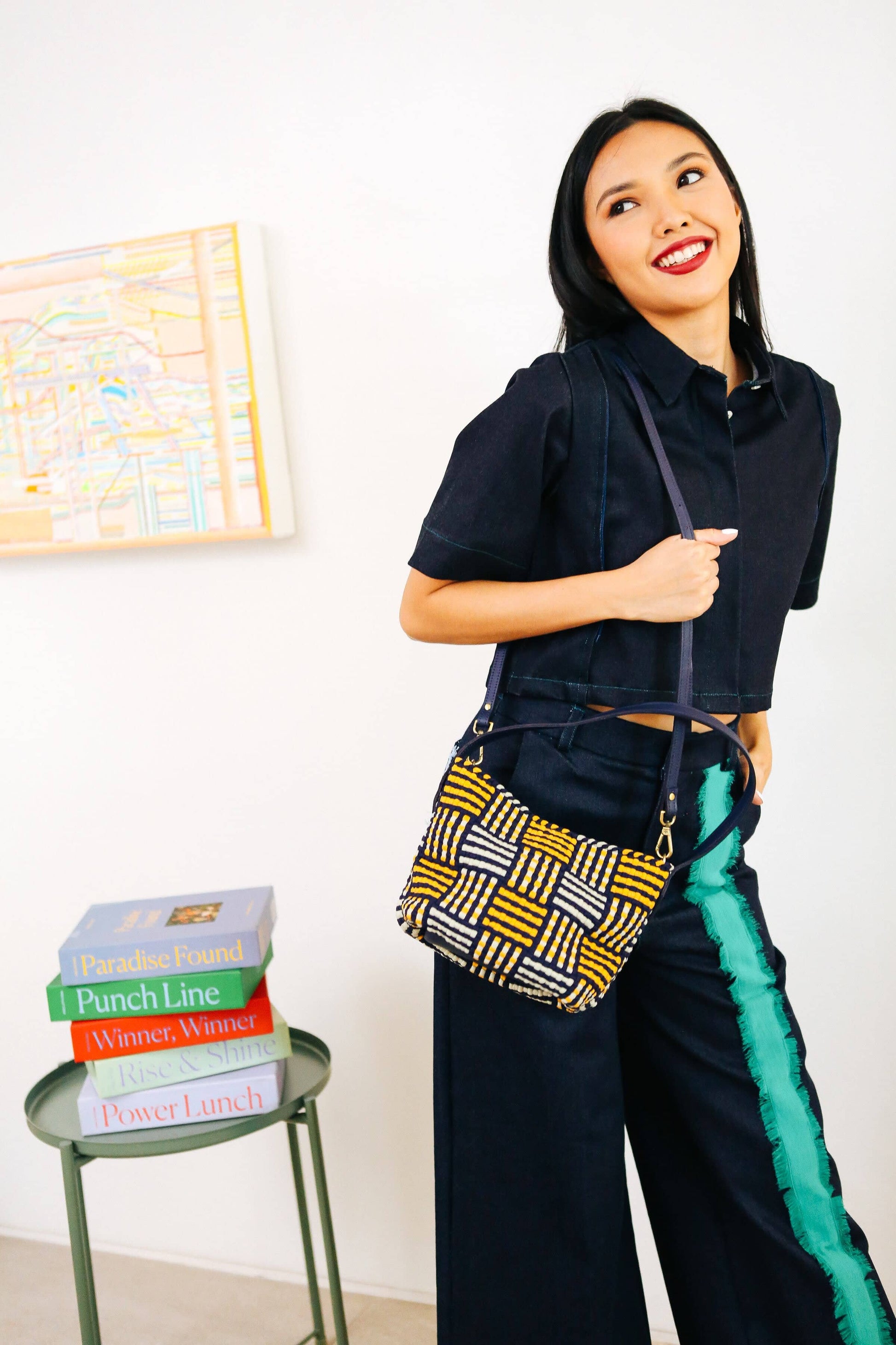 [Ready Today] Buslo Micro Mat Pattern Navy & Yellow with Longer Handle Fashion Rags2Riches