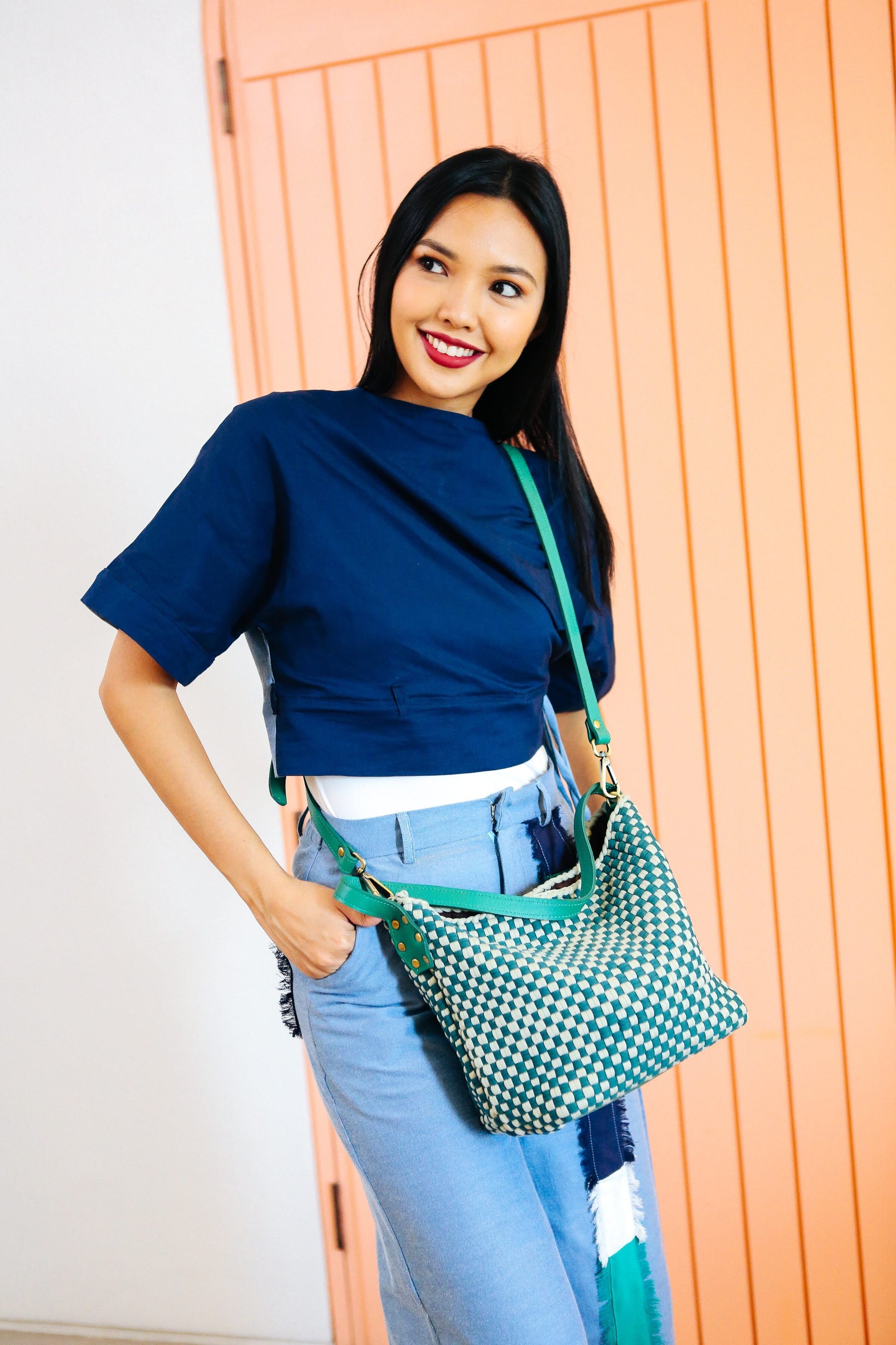 [Ready Today] Buslo Mini Checkerboard Sage & Emerald with Longer Handle Fashion Rags2Riches