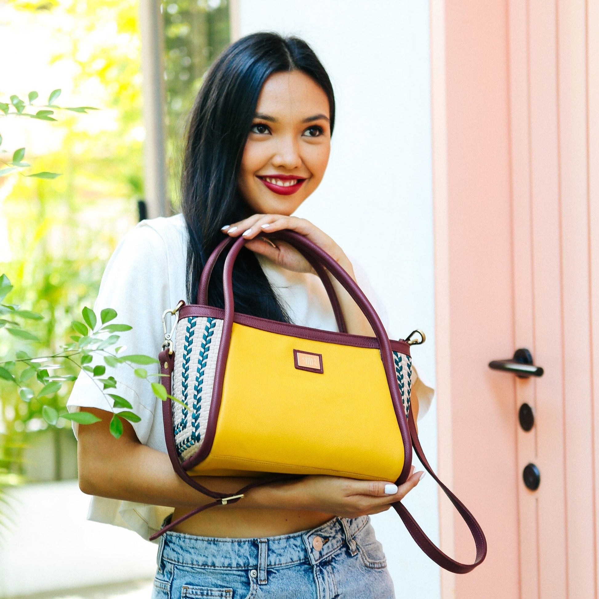 [Ready Today] Tuba Handbag Yellow & Burgundy Fashion Rags2Riches